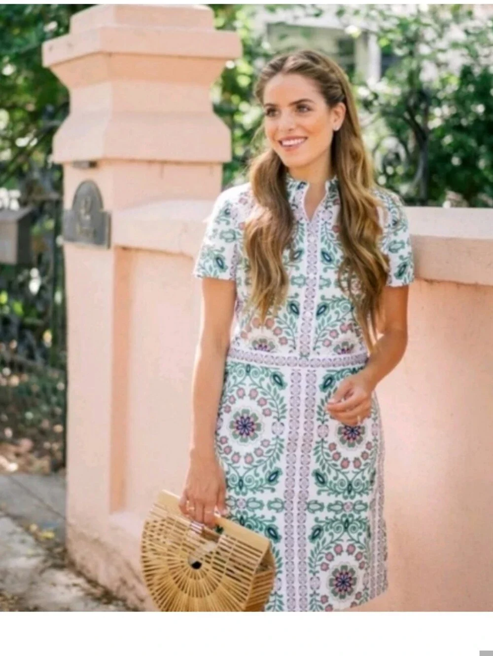 Tory Burch White Dress with Green and Pink Medallion Print